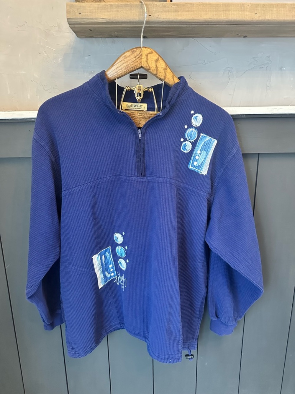 Ezze Wear 100% Cotton Blue Quarter-Zip Pullover Pockets Artist Painted sz L